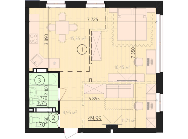 ЖК Урбанист: планування 1-кімнатної квартири 55.44 м²