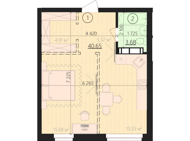 ЖК Урбанист: планування 1-кімнатної квартири 44.33 м²