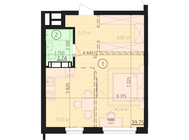 ЖК Урбанист: планування 1-кімнатної квартири 43.49 м²