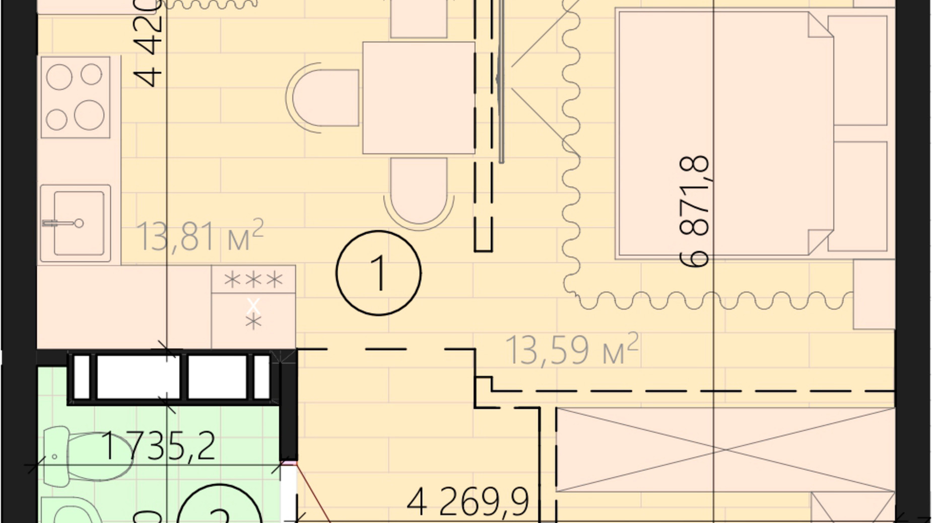 Планування 1-кімнатної квартири в ЖК Урбанист 42.45 м², фото 335091