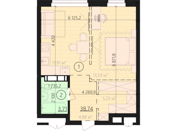 ЖК Урбанист: планування 1-кімнатної квартири 42.45 м²