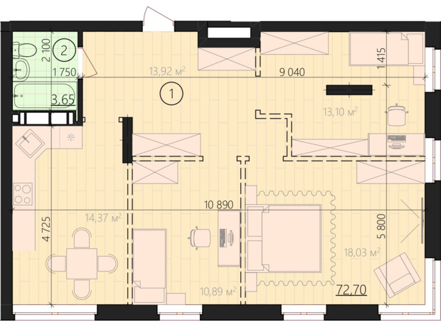 ЖК Урбанист: планування 1-кімнатної квартири 76.35 м²