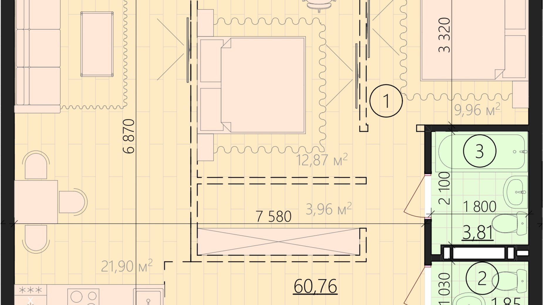 Планування 1-кімнатної квартири в ЖК Урбанист 66.42 м², фото 335103