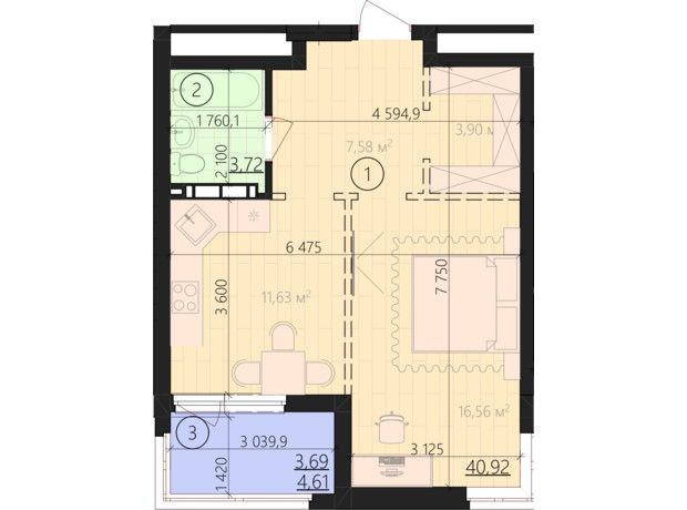 ЖК Урбанист: планування 1-кімнатної квартири 48.33 м²