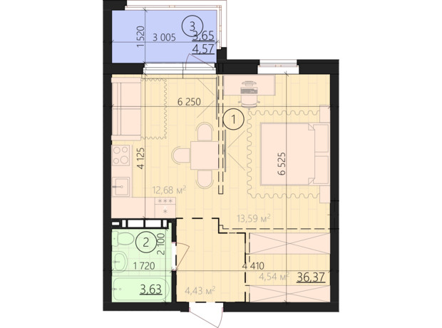 ЖК Урбанист: планування 1-кімнатної квартири 43.65 м²