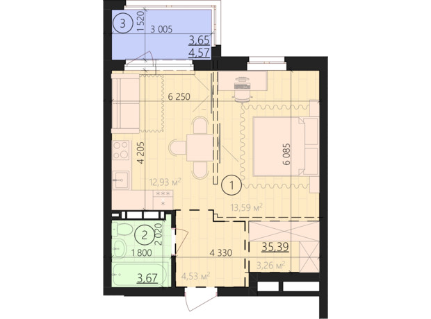 ЖК Урбанист: планування 1-кімнатної квартири 42.71 м²