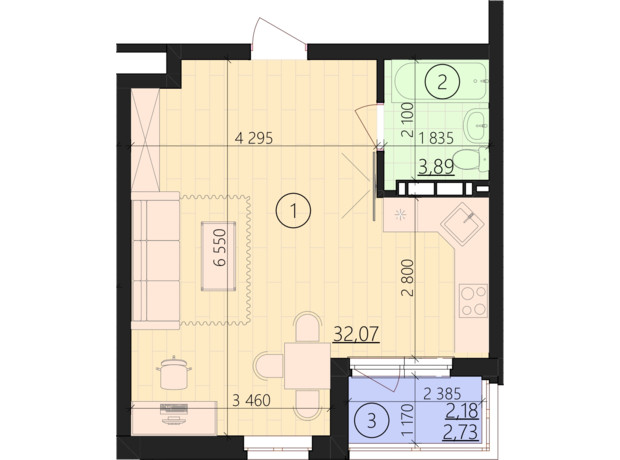 ЖК Урбанист: планування 1-кімнатної квартири 38.14 м²