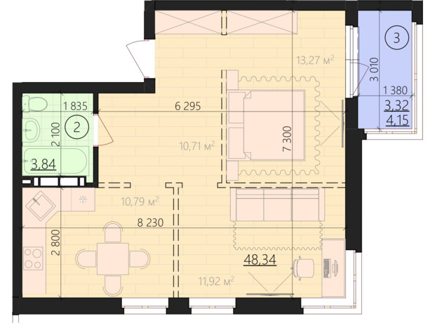 ЖК Урбанист: планування 1-кімнатної квартири 55.5 м²