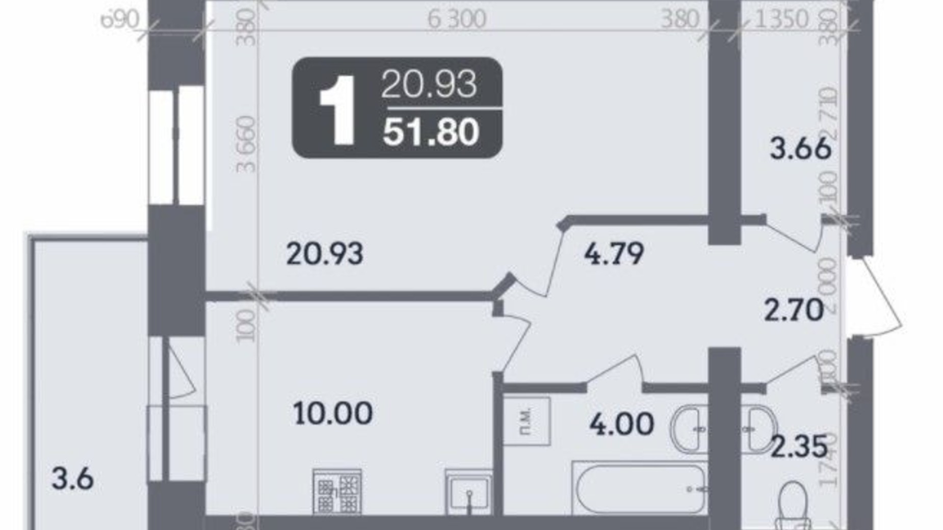 Планировка 1-комнатной квартиры в ЖК Стандарт 51.18 м², фото 335116