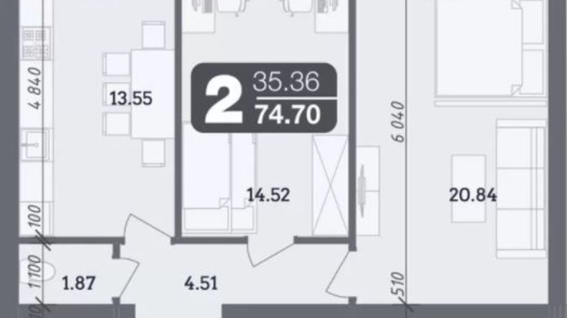 Планування 2-кімнатної квартири в ЖК Стандарт 74.7 м², фото 335119