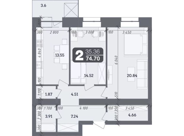 ЖК Стандарт: планування 2-кімнатної квартири 74.7 м²