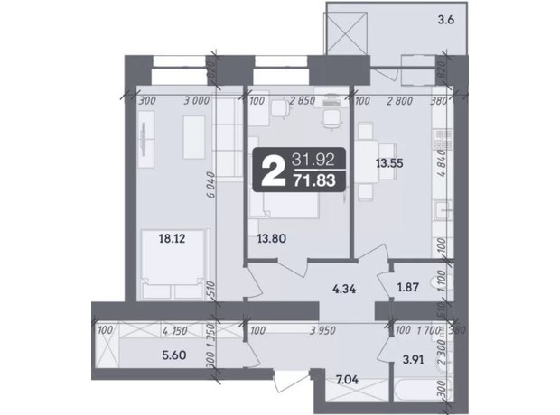 ЖК Стандарт: планировка 2-комнатной квартиры 71.83 м²