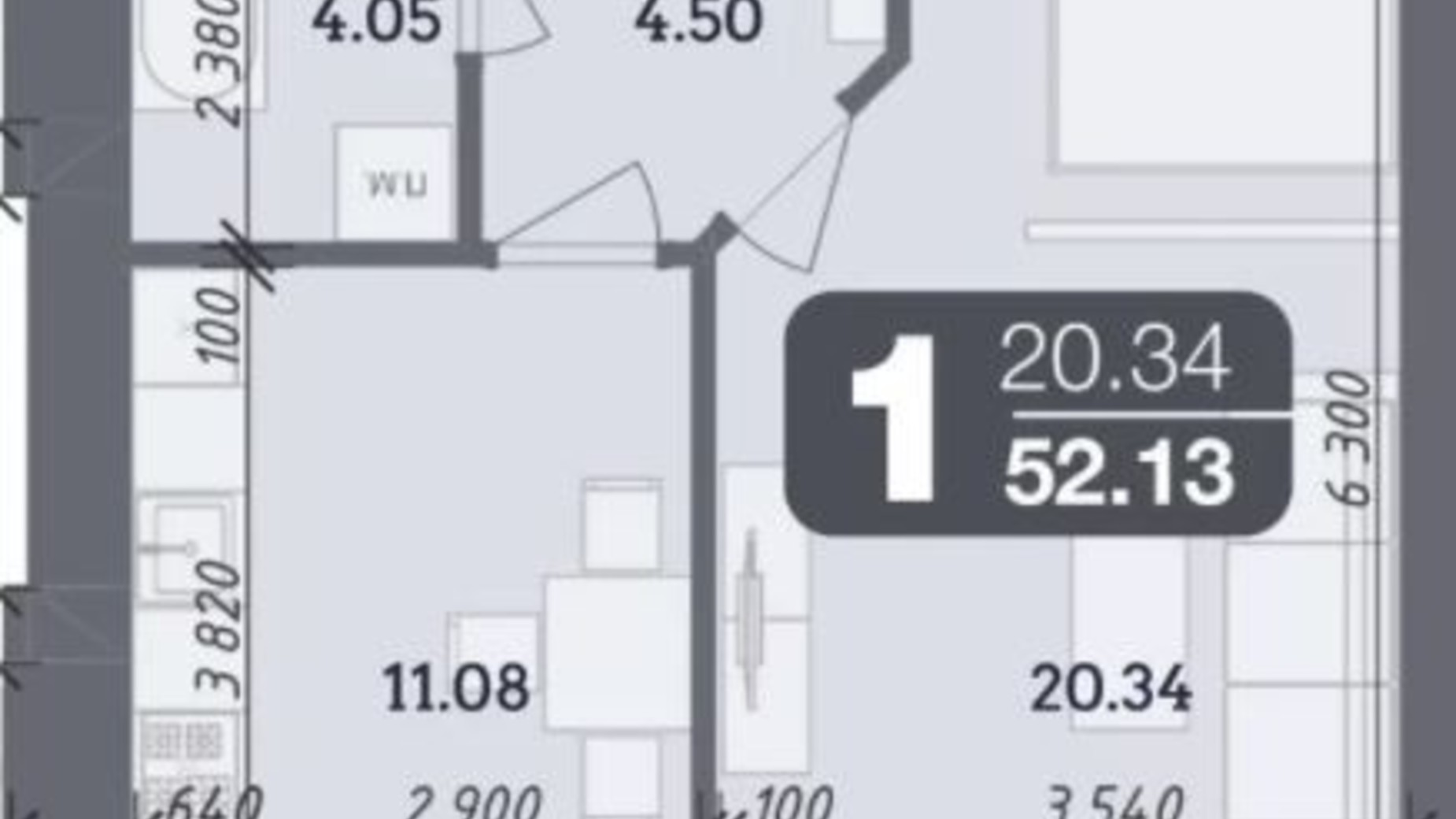 Планировка 1-комнатной квартиры в ЖК Стандарт 52.13 м², фото 335125