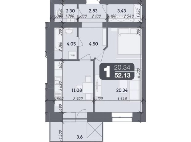 ЖК Стандарт: планування 1-кімнатної квартири 52.13 м²