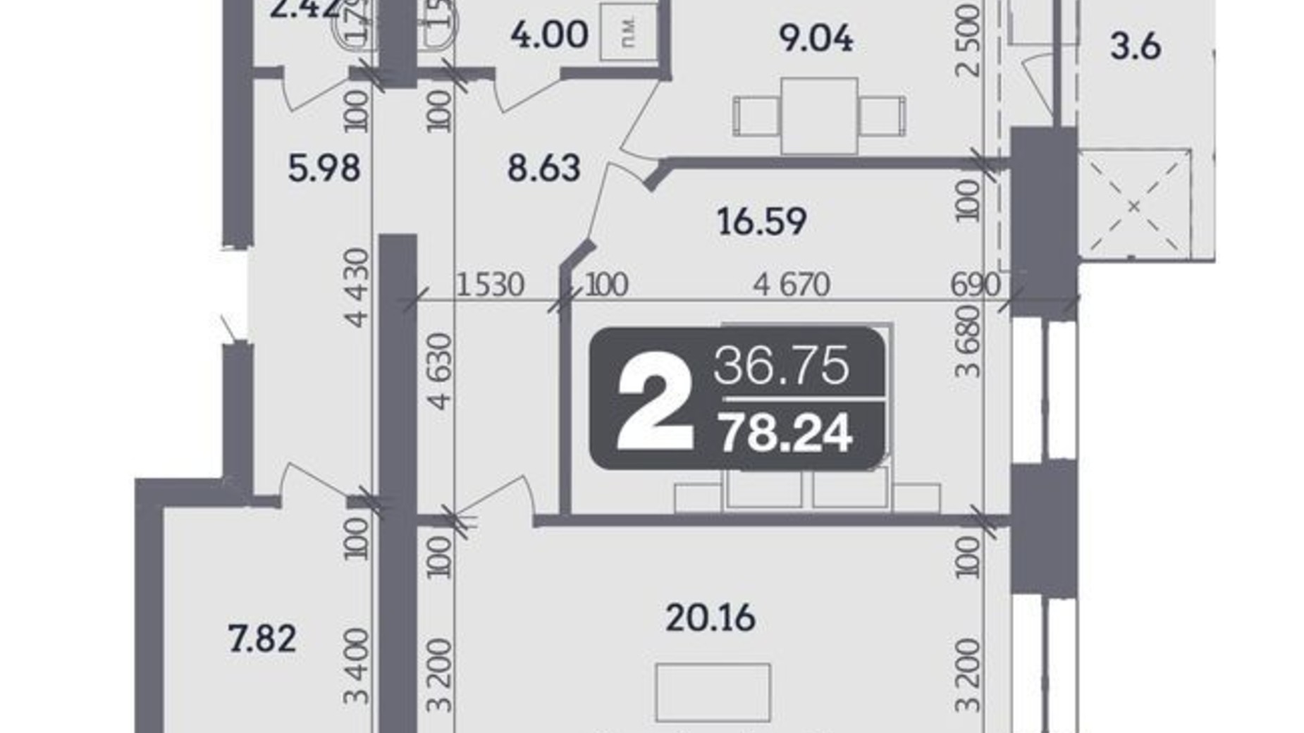 Планування 2-кімнатної квартири в ЖК Стандарт 78.24 м², фото 335126