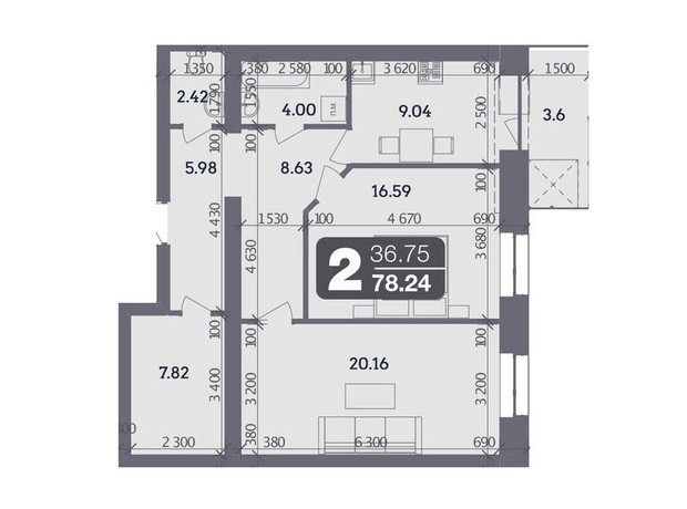 ЖК Стандарт: планировка 2-комнатной квартиры 78.24 м²