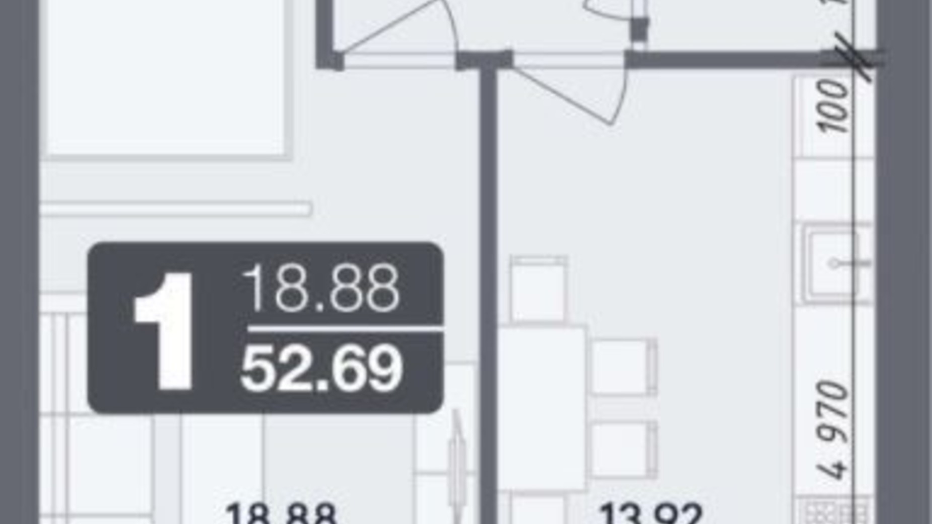 Планировка 1-комнатной квартиры в ЖК Стандарт 52.69 м², фото 335129