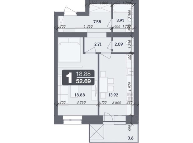 ЖК Стандарт: планування 1-кімнатної квартири 52.69 м²