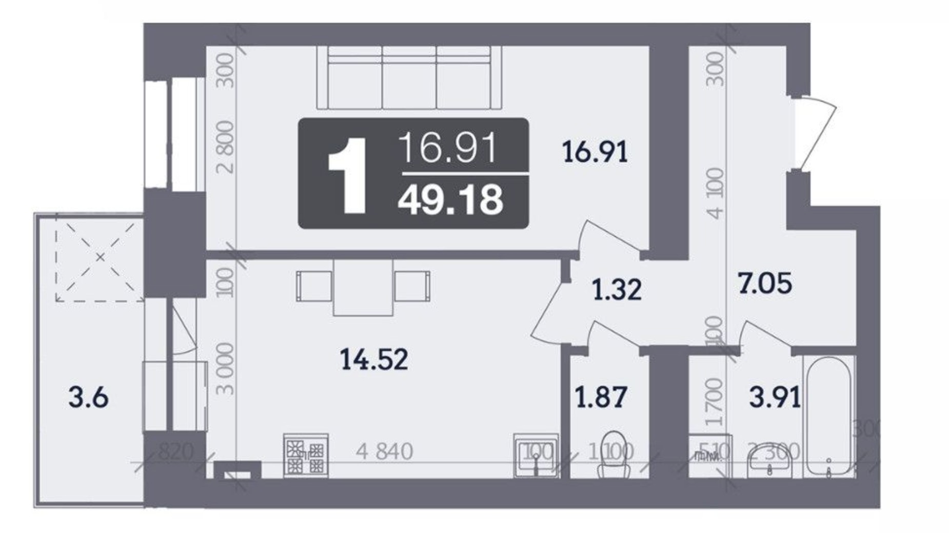 Планування 1-кімнатної квартири в ЖК Стандарт 50.7 м², фото 335130