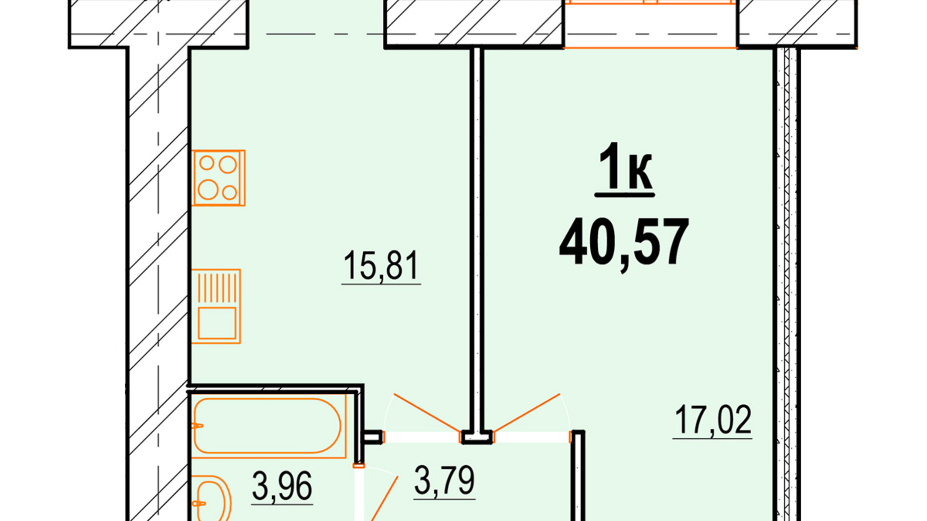 Планування 1-кімнатної квартири в ЖК Перлина Поділля 40.57 м², фото 335252