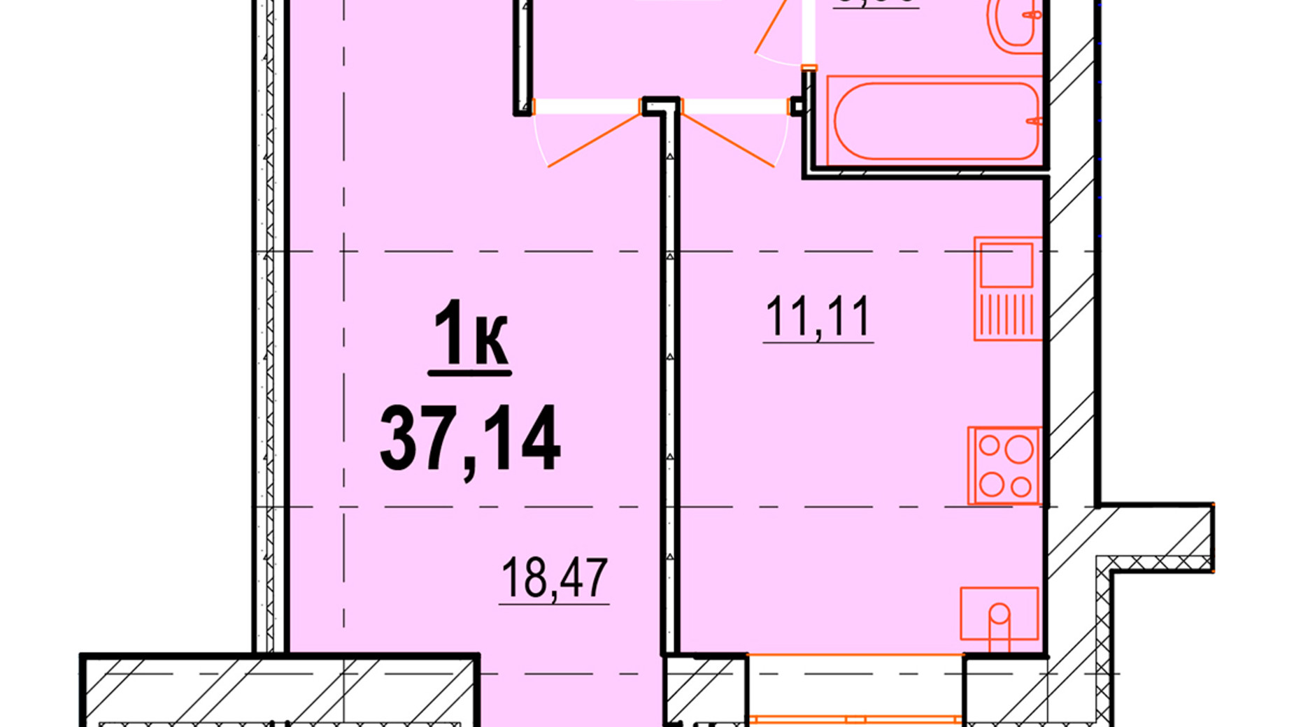 Планування 1-кімнатної квартири в ЖК Перлина Поділля 37.14 м², фото 335254