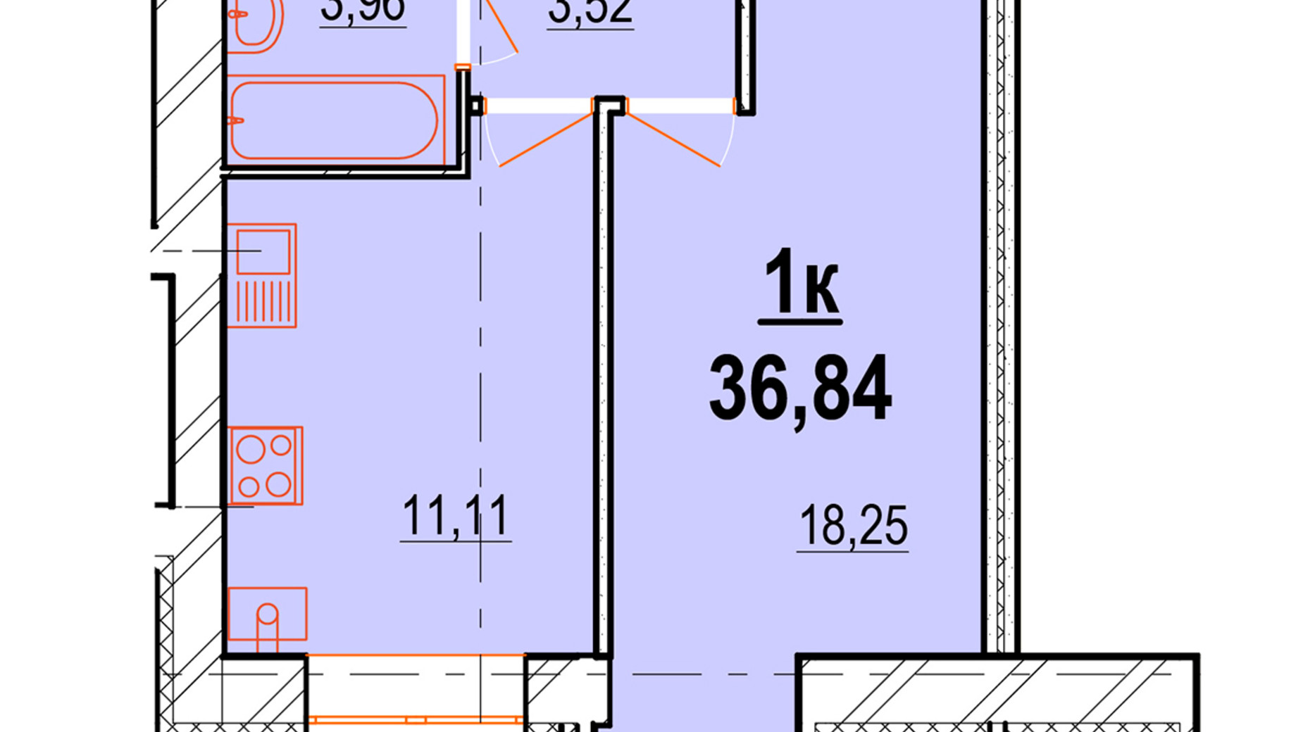 Планування 1-кімнатної квартири в ЖК Перлина Поділля 36.84 м², фото 335255