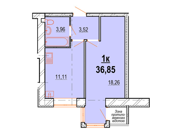 ЖК Жемчужина Подолья: планировка 1-комнатной квартиры 36.85 м²