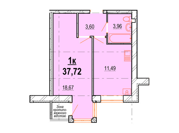 ЖК Жемчужина Подолья: планировка 1-комнатной квартиры 37.72 м²