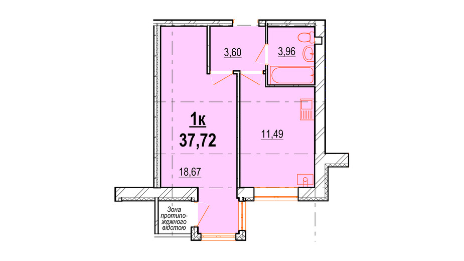 Планування 1-кімнатної квартири в ЖК Перлина Поділля 37.72 м², фото 335272