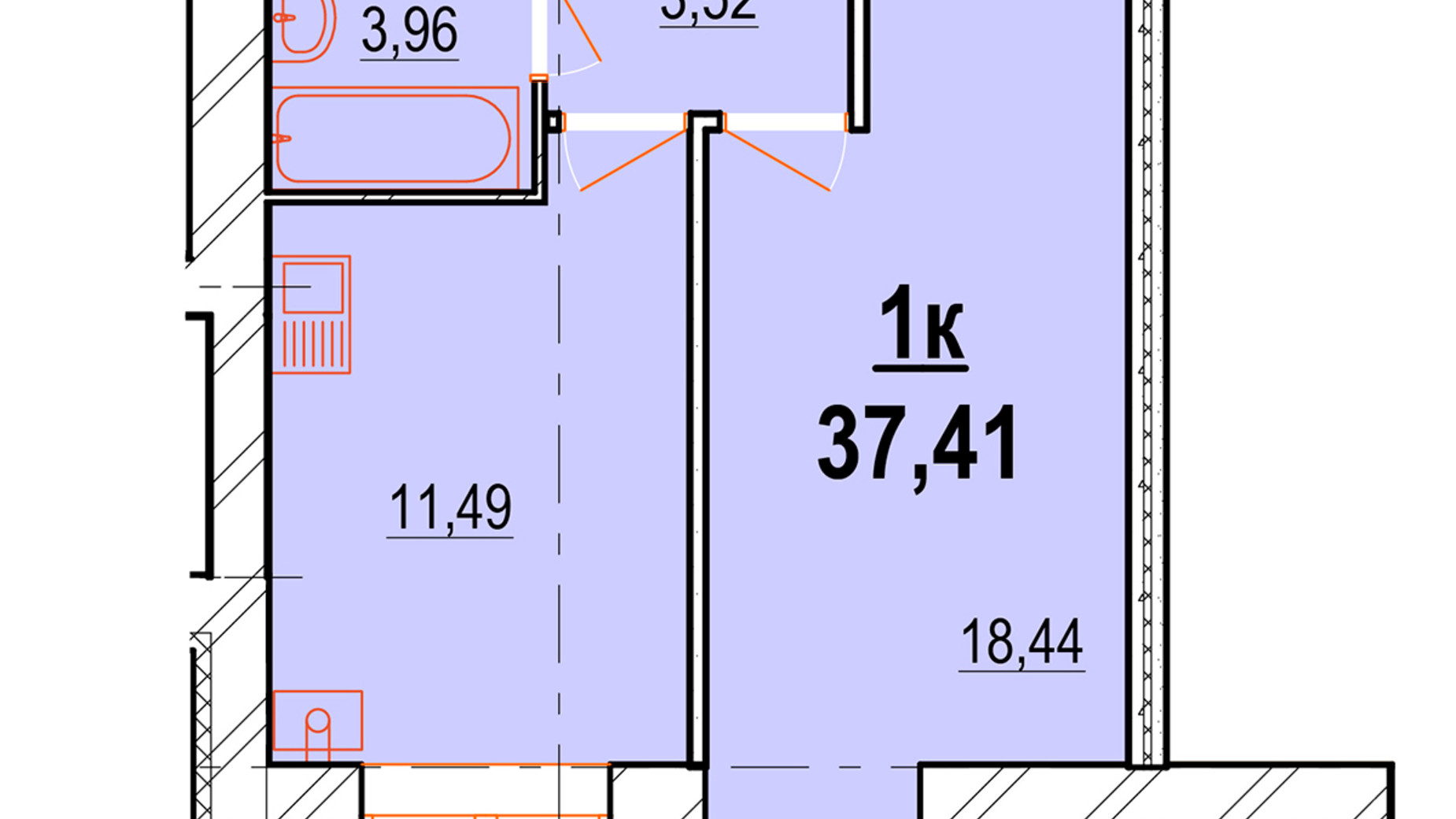 Планування 1-кімнатної квартири в ЖК Перлина Поділля 37.41 м², фото 335274