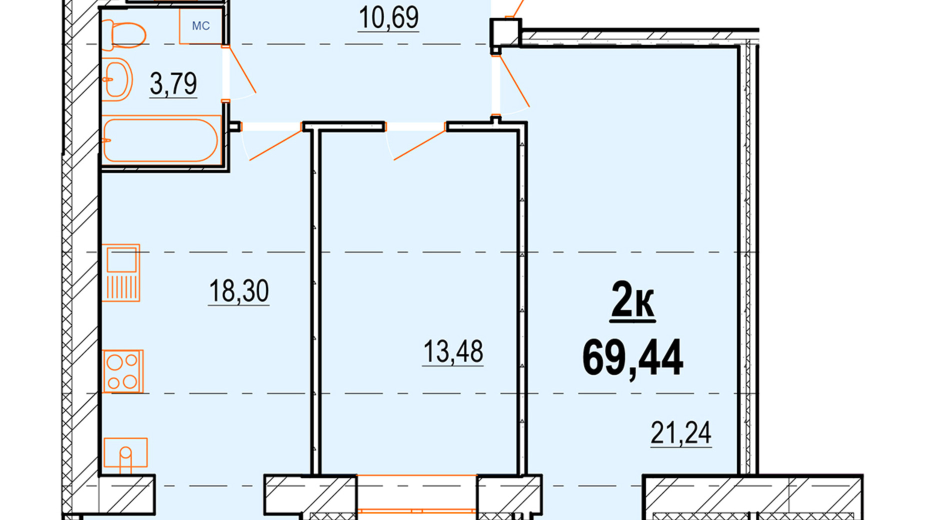 Планування 2-кімнатної квартири в ЖК Перлина Поділля 69.44 м², фото 335276