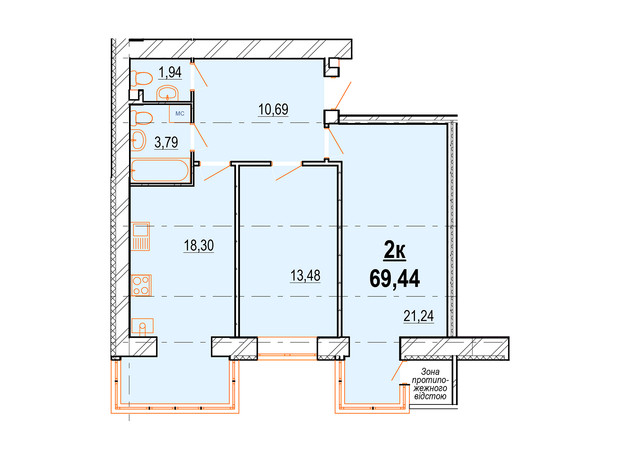 ЖК Жемчужина Подолья: планировка 2-комнатной квартиры 69.44 м²