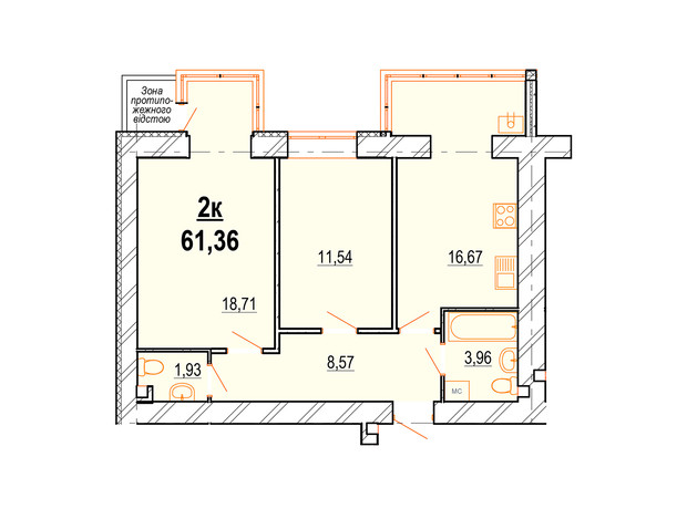 ЖК Перлина Поділля: планування 2-кімнатної квартири 61.36 м²
