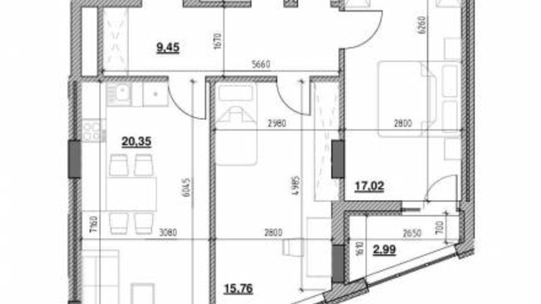 Планування 2-кімнатної квартири в ЖК Голоські кручі 72.27 м², фото 335308