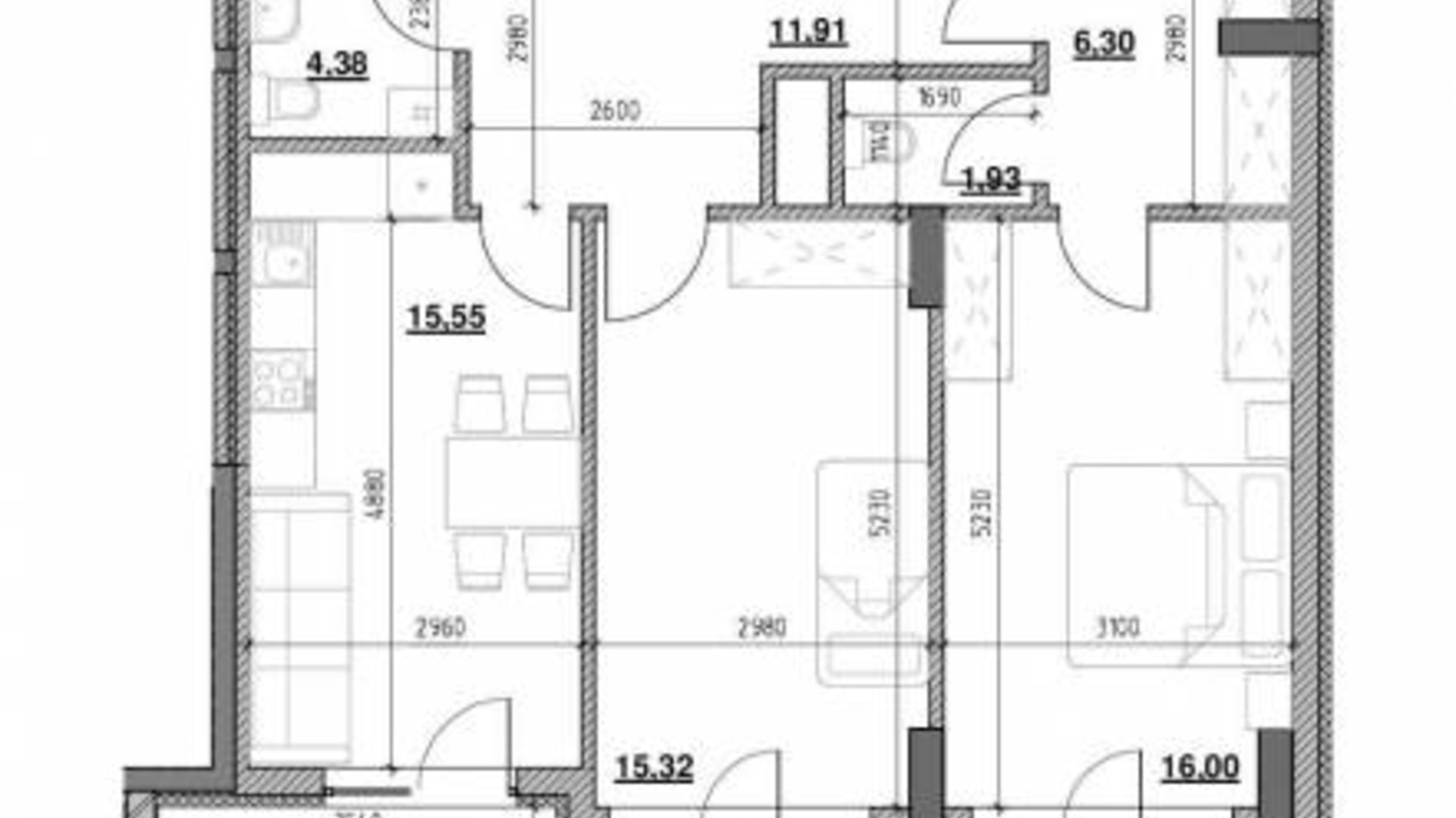 Планування 2-кімнатної квартири в ЖК Голоські кручі 74.69 м², фото 335313