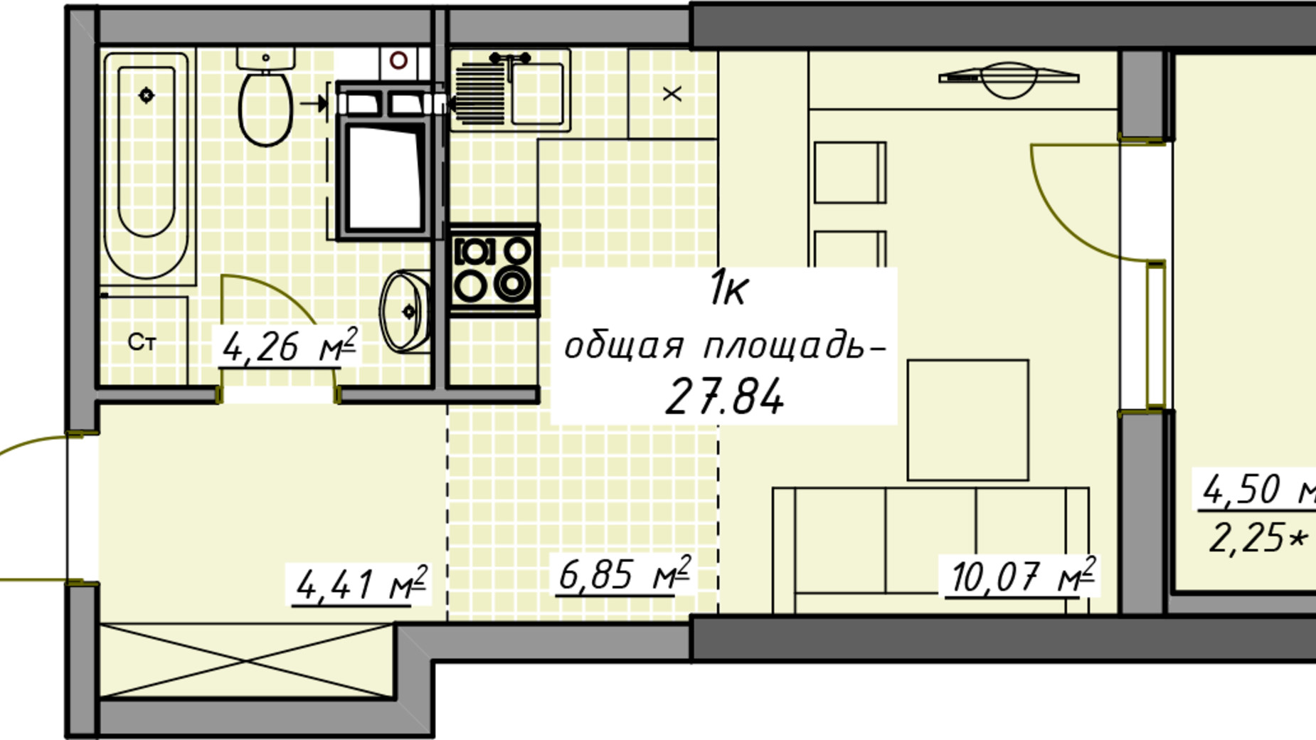 Планування 1-кімнатної квартири в ЖК Атмосфера 27.84 м², фото 335473