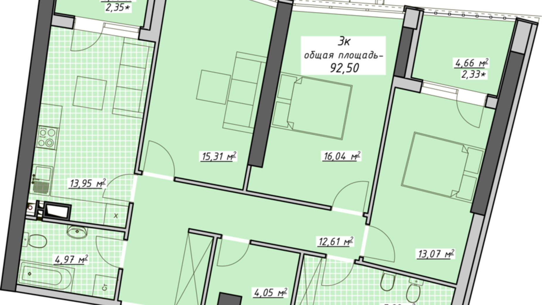 Планування 3-кімнатної квартири в ЖК Атмосфера 92.5 м², фото 335475