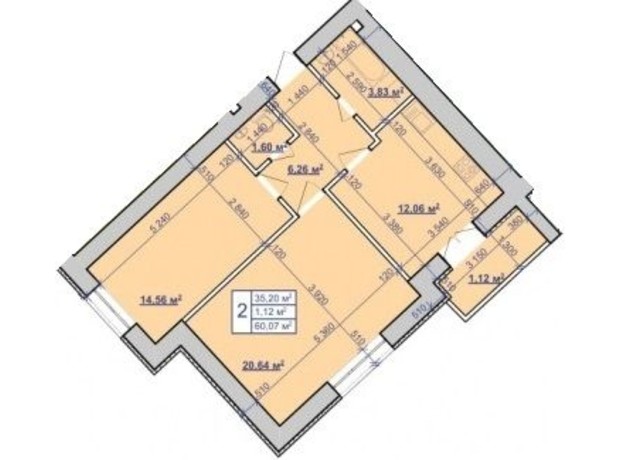 ЖК ул. Пасечная, 52: планировка 2-комнатной квартиры 60.07 м²