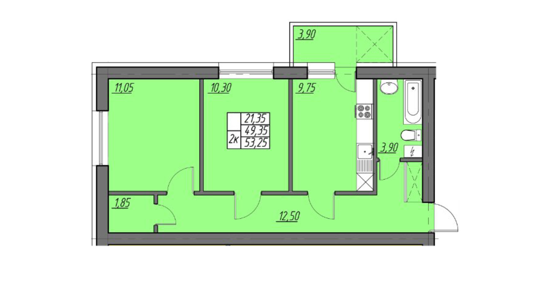 Планировка 2-комнатной квартиры в ЖК Солнечный 53.25 м², фото 335593