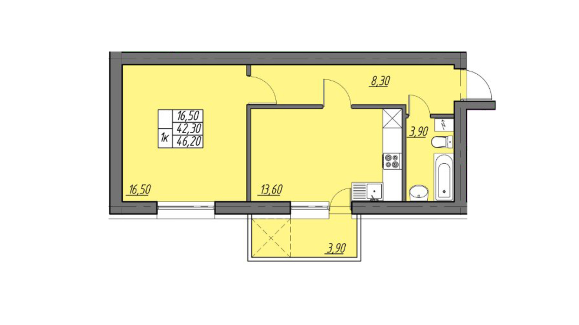 Планування 1-кімнатної квартири в ЖК Сонячний 46.2 м², фото 335598