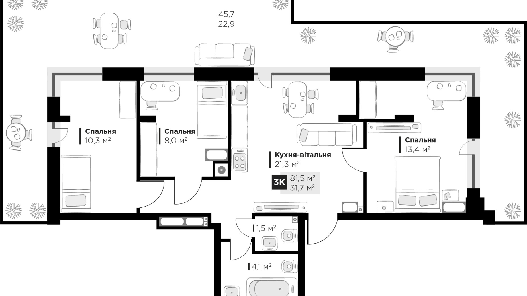 Планування 3-кімнатної квартири в ЖК SILENT PARK 81.5 м², фото 336186