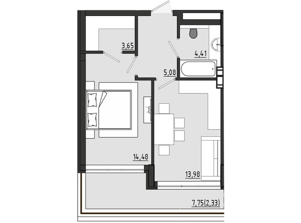 ЖР Сади Рів'єри: планування 1-кімнатної квартири 43.92 м²