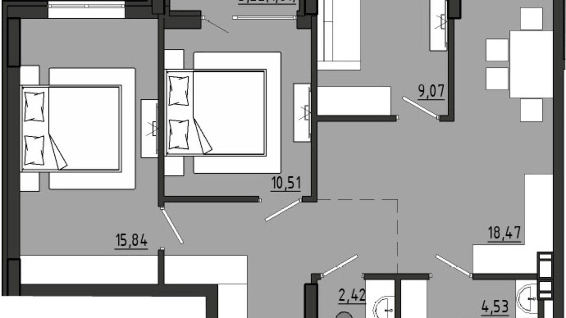 Планування 3-кімнатної квартири в ЖР Сади Рів'єри 72.47 м², фото 336688