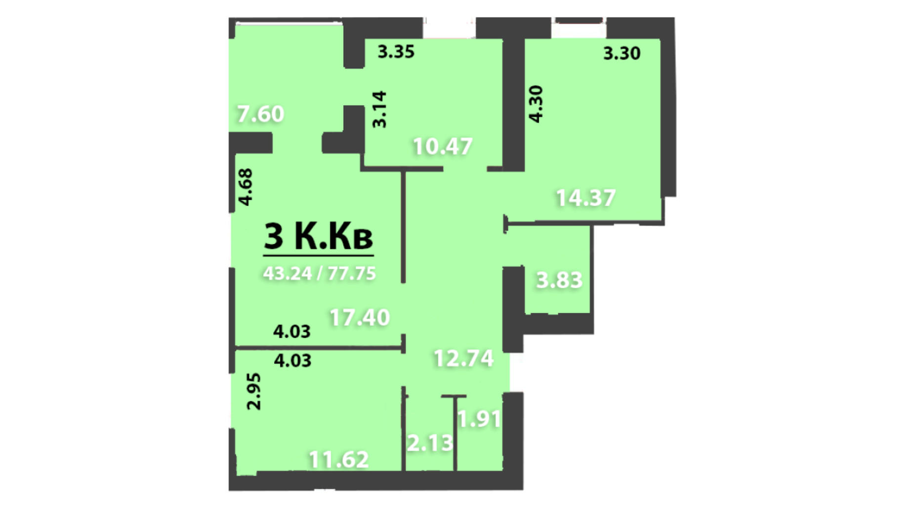 Планування 3-кімнатної квартири в ЖК Park Residence 77.75 м², фото 337031