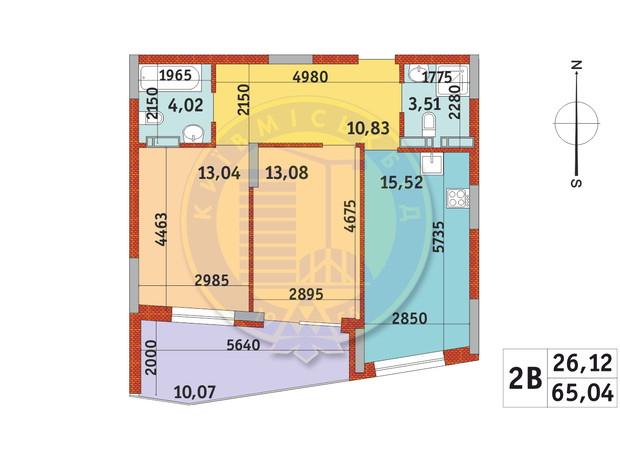 ЖК Итальянский квартал-2: планировка 2-комнатной квартиры 65.04 м²