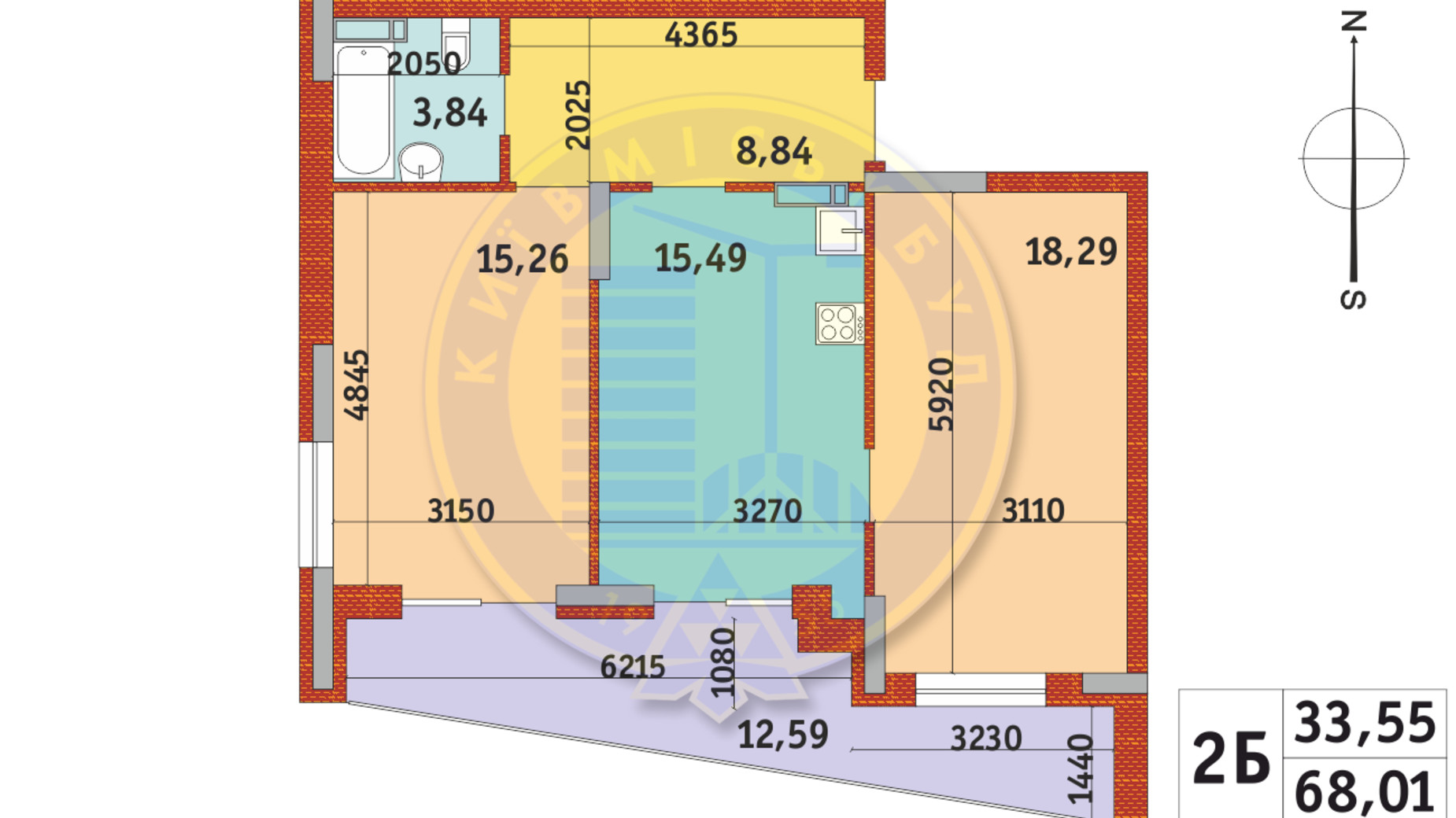 Планировка 2-комнатной квартиры в ЖК Итальянский квартал-2 68.01 м², фото 337039