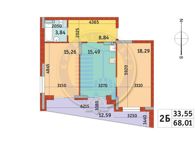 ЖК Італійський квартал-2: планування 2-кімнатної квартири 68.01 м²
