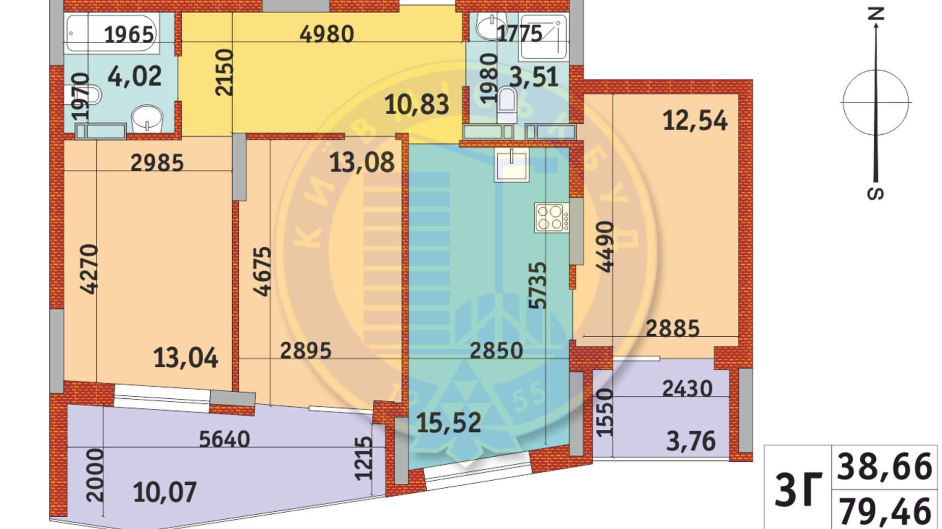 Планування 3-кімнатної квартири в ЖК Італійський квартал-2 79.46 м², фото 337040