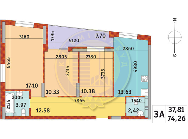 ЖК Итальянский квартал-2: планировка 3-комнатной квартиры 74.26 м²