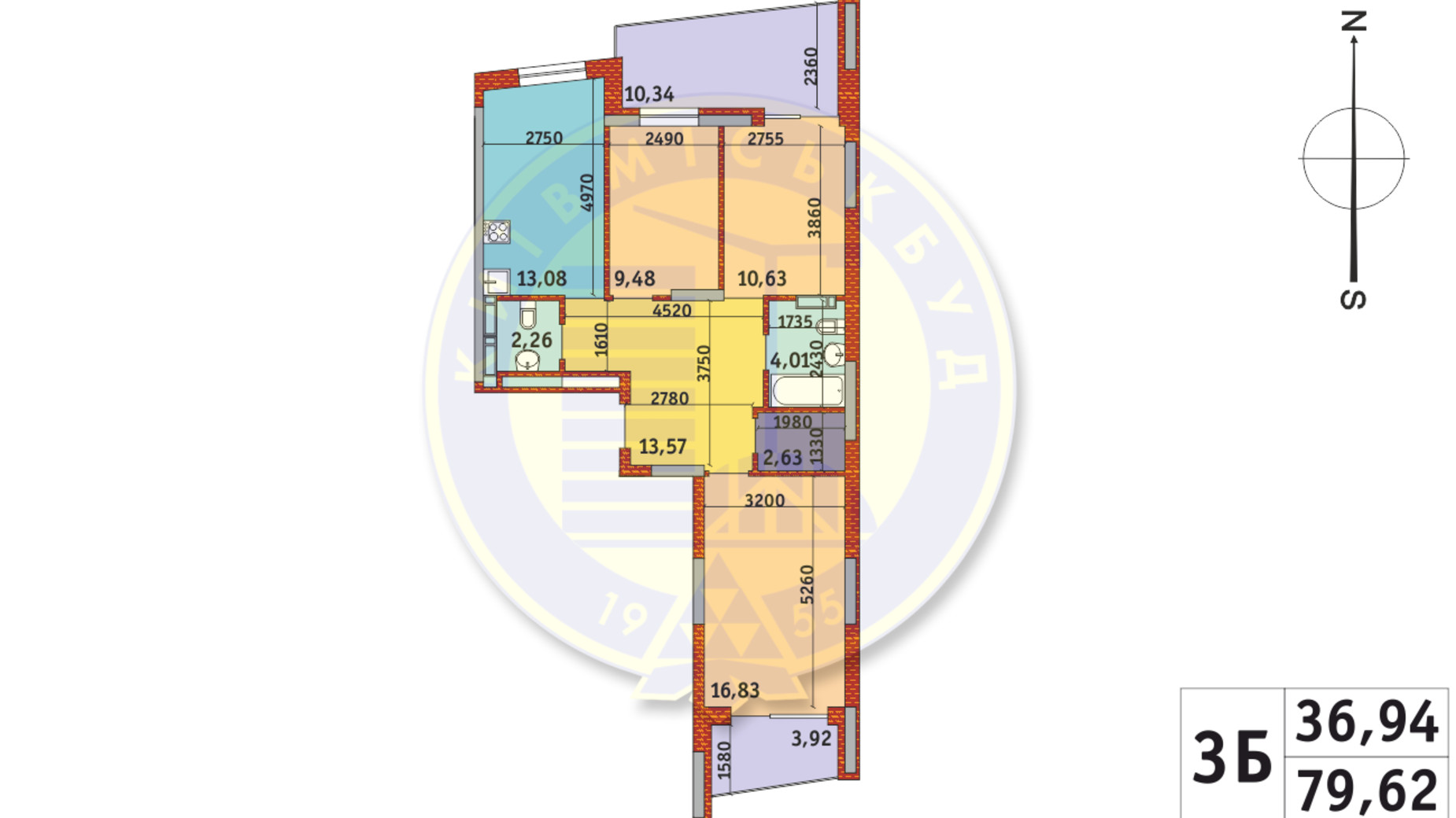 Планування 3-кімнатної квартири в ЖК Італійський квартал-2 79.62 м², фото 337044